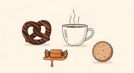 Indulgent Delights: A quartet of delicious treats, including a warm mug of coffee, a salty pretzel, a caramel candy, and a delectable cookie, await.