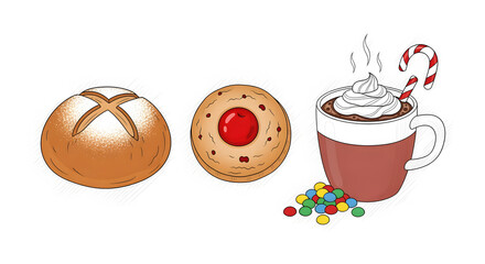 Sweet Treats and Warm Delight: An inviting arrangement of a fresh bread roll, a festive cherry cookie and a comforting cup of hot chocolate, with whipped cream and candy cane