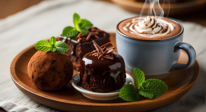 Decadent Delights: A rich assortment of chocolate pastries alongside a cup of steaming hot cocoa with whipped cream, garnished with fresh mint on wooden plate