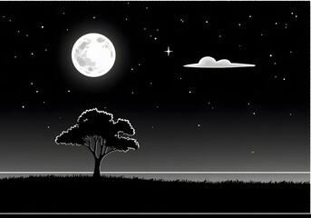 Serene Nightscape: Witness the peaceful stillness of a moonlit night, where a solitary tree stands silhouetted against a star-studded sky, evoking a sense of tranquility.