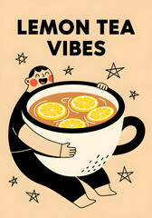 Lemon Tea Vibes: A cheerful figure embraces a giant cup of lemon tea. Capturing the essence of cozy comfort and refreshing zest.