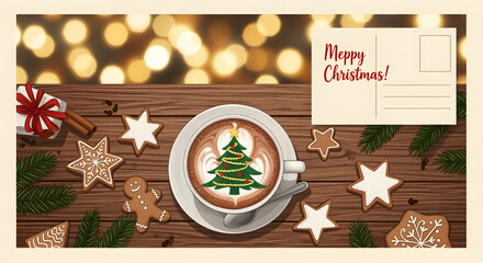 Holiday Delight: A festive Christmas scene features a meticulously crafted latte art design of a Christmas tree, surrounded by gingerbread, stars, cinnamon sticks, and postcards.