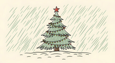 Holiday Pine in Winter: An illustrated Christmas tree, adorned with twinkling lights and a festive star, stands steadfastly in a winter scene, bringing holiday cheer to a snowy landscape.