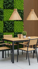 Obraz premium Modern outdoor dining set with green wall backdrop