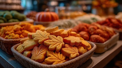 Autumn Harvest Treats: Close-up of Maple Leaf Cookies and Pumpkins in a Rustic Display for Thanksgiving and Fall Celebrations