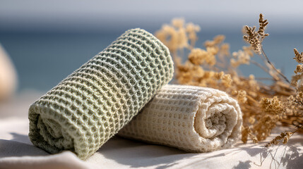 Obraz na płótnie Canvas Waffle towels on linen fabric with sea view