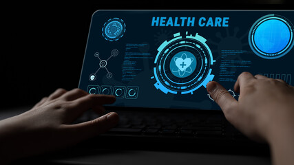 Digital health care technology and medical data dashboard concept. An interface for patient information, diagnostics, and monitoring health records. Motif