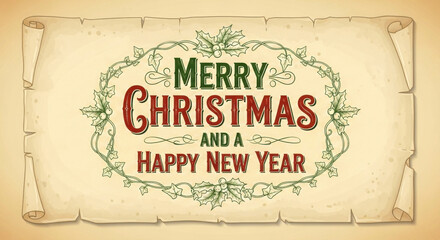 Vintage scroll with 'merry christmas and a happy new year' holiday greeting text art isolated on white background, Vector