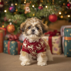 Shih Tzu's First Christmas: Adorable Puppy in Holiday Sweater
