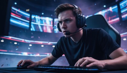 An esports player concentrates in arena showing global rise of digital competition and gaming culture. Neon stage light and focused posture highlight fast growing event atmosphere