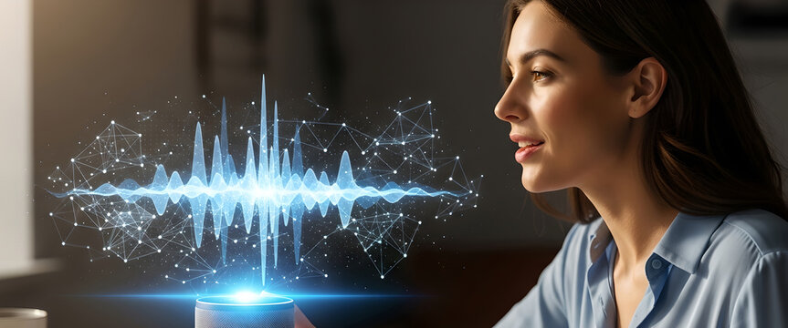 Woman talking with holographic sound waves, digital network in cozy home office. AI voice technology visualization with glowing blue audio display for communication innovation