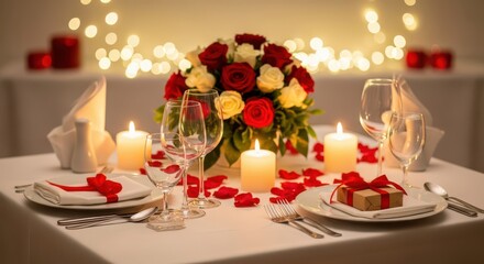 Romantic dinner table setting with roses, candles, and wine glasses, perfect for valentines day or anniversary celebration