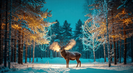 Majestic deer in enchanted snowy forest illuminated by festive warm and cool lights at night isolated on white background, Vector