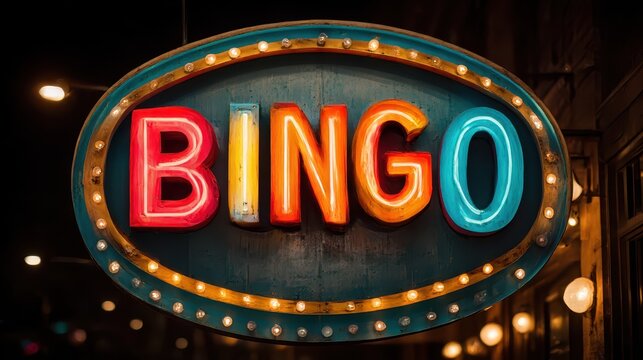 Illuminated Vintage Bingo Sign with Neon Lights and Bulbs, Retro Gambling Entertainment, Casino Night, Colorful Signage, Nightlife, and Gaming Concept