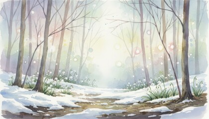 Watercolor painting of a winter forest clearing with snow and snowdrops under soft pastel light, concept of early spring, hope, calmness and natural rebirth