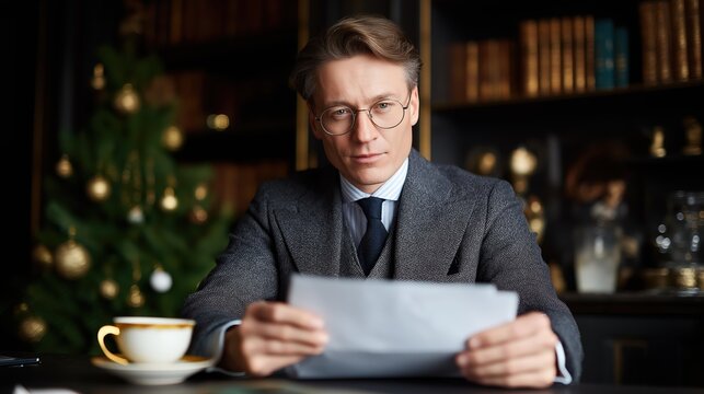 a handsome businessman in black suit is sitting at the desk, reading documents and holding an open white paper with his hand while working on project plan for new year celebration near christmas tree.