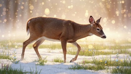 A small hedgehog nestled between blooming crocuses in a soft forest clearing, showing the warmth, innocence, and gentle awakening of nature during early spring