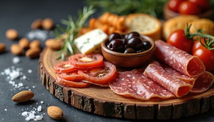 Wooden board holds Italian charcuterie with salami, tomatoes, olives, blue cheese, almonds, and bread. Appetizer spread for parties or picnics.