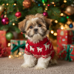Shih Tzu's First Christmas: Adorable Puppy in Holiday Sweater