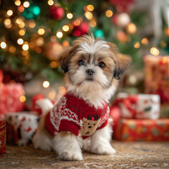 Shih Tzu's First Christmas: Adorable Puppy in Holiday Sweater