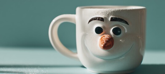 snowman mug on teal wall with frosty details and ceramic texture