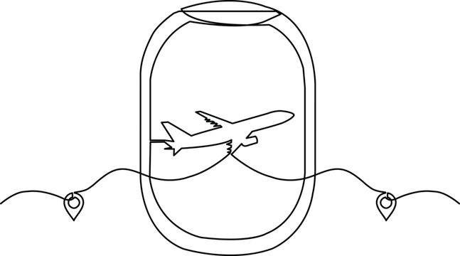 A flying plane viewed through the window frame