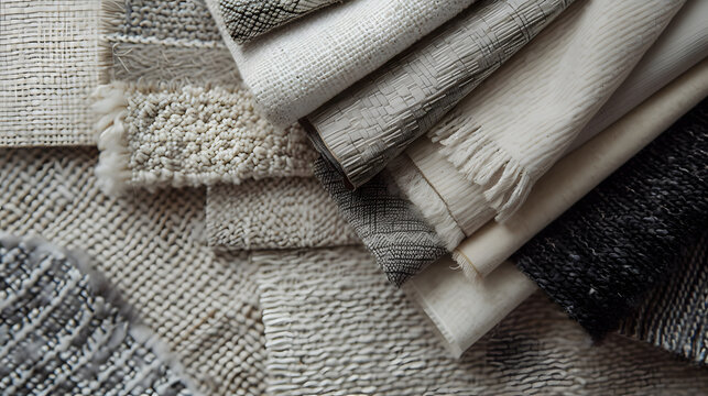 premium fabric swatches in neutral tones, linen wool and boucle textures, arranged aesthetically on designer mood board, soft natural shadows, macro detail, cinematic styling, clean editorial look