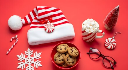 Festive christmas still life with santa hat cookies and hot chocolate on red