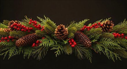 Festive christmas garland with pine cones and red berries on a dark background