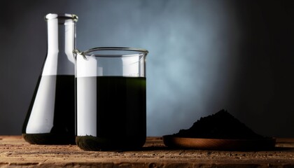 2026 creative project concept. Laboratory glassware with dark liquid and powdered substance on a wooden surface.