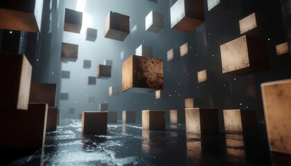 2026 creative project concept. Floating cubes in a dark, illuminated environment.