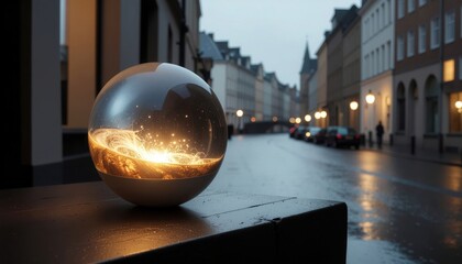 2026 creative project concept. A glowing sphere on a rainy street at dusk.