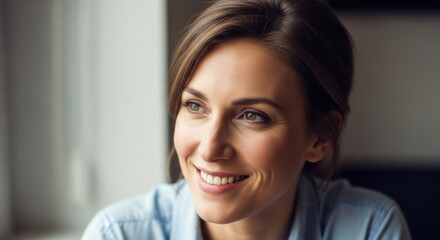 Portrait of a cheerful young woman with a warm smile highlighting