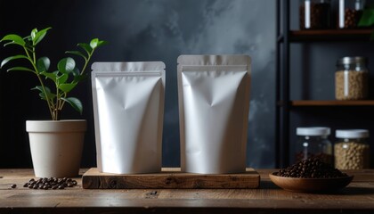 2026 creative project concept. Two coffee bags beside a plant on a wooden table in a cozy setting.