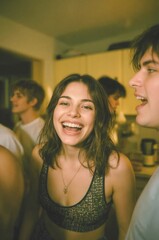Obraz premium A casual retro portrait of a person laughing mid-conversation in a dim kitchen. Captures an authentic, gritty early-2000s party vibe. 