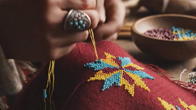 Close up view of hands crafting intricate traditional beadwork on red fabric with colorful beads and needle