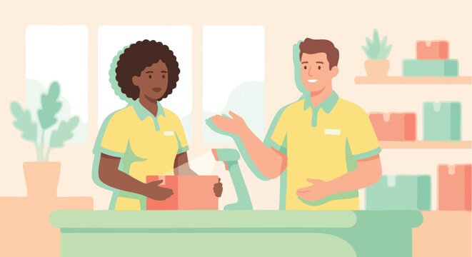 Two retail employees stand behind a store counter discussing a package while working together in a bright, friendly shop environment