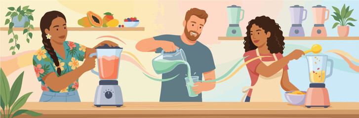 A cheerful group of diverse people prepare colorful smoothies together at a bright kitchen counter, blending fruits in an energetic and friendly atmosphere