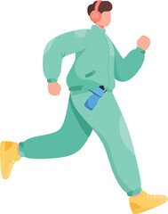 A person in a mint-green tracksuit runs energetically with headphones on, holding a water bottle at their waist during a casual outdoor jog