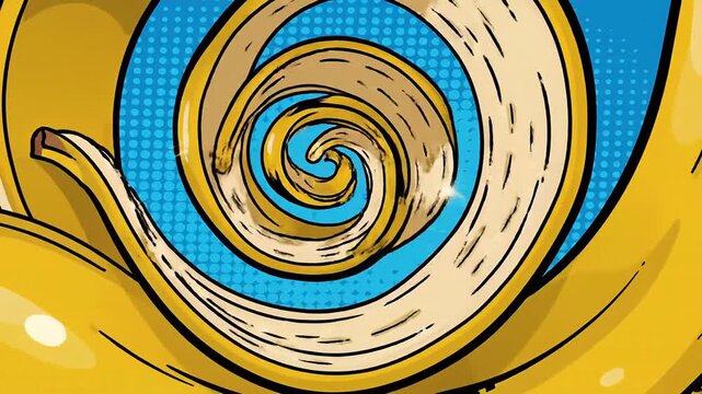 Pop art banana peel swirling into a snail shell on blue background vibrant and energetic