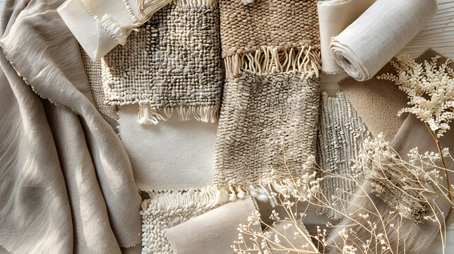 premium fabric swatches in neutral tones, linen wool and boucle textures, arranged aesthetically on designer mood board, soft natural shadows, macro detail, cinematic styling, clean editorial look