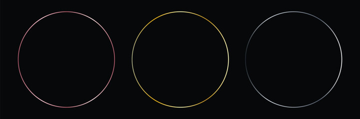 Gold and silver circle thin frame set. Shiny metallic foil circle border collection. Golden glowing boarder bundle in art deco style. Linear round element pack for photo, cadre, card, emblem. Vector