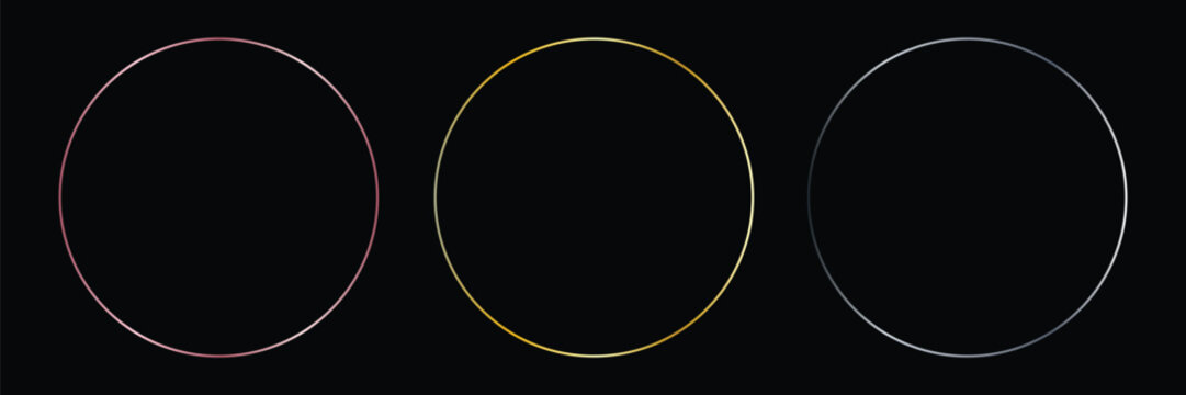 Gold and silver circle thin frame set. Shiny metallic foil circle border collection. Golden glowing boarder bundle in art deco style. Linear round element pack for photo, cadre, card, emblem. Vector