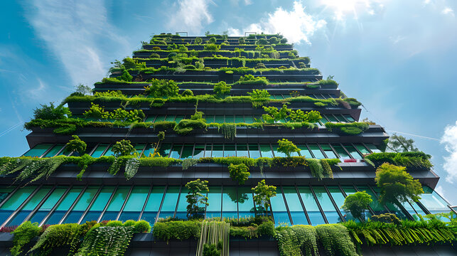 modern office building facade completely covered with vertical greenery, reflecting city skyline, sustainable architecture concept