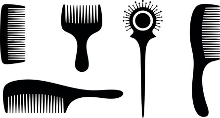 Collection various black silhouette combs different shapes and sizes vector illustration