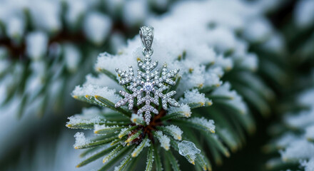 Elegant snowflake pendant with sparkling gems on a frost-covered evergreen branch in winter isolated on white background, Vector