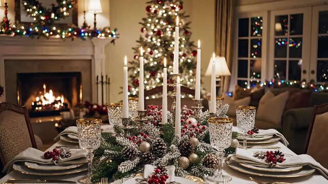 Elegant Christmas dinner setting with glowing candles and festive decorations creating a warm holiday atmosphere for family gatherings and celebrations