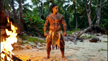 Tribal Warrior Standing by Fire on Tropical Beach.