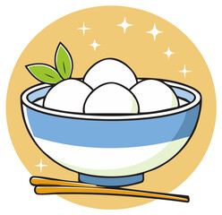 Fototapeta premium Cartoon vector icon of a bowl of sweet Asian rice balls tangyuan or mochi dessert with chopsticks and sparkles