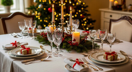 Elegant christmas dinner table setting with flickering candles and festive holiday atmosphere. isolated on white background, Vector